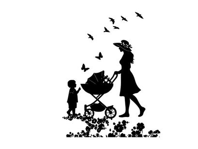 Silhouette of woman pushing stroller with child and birds