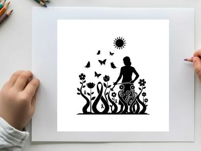 Woman silhouette standing in a garden with butterflies and flowers under the sun silhouette