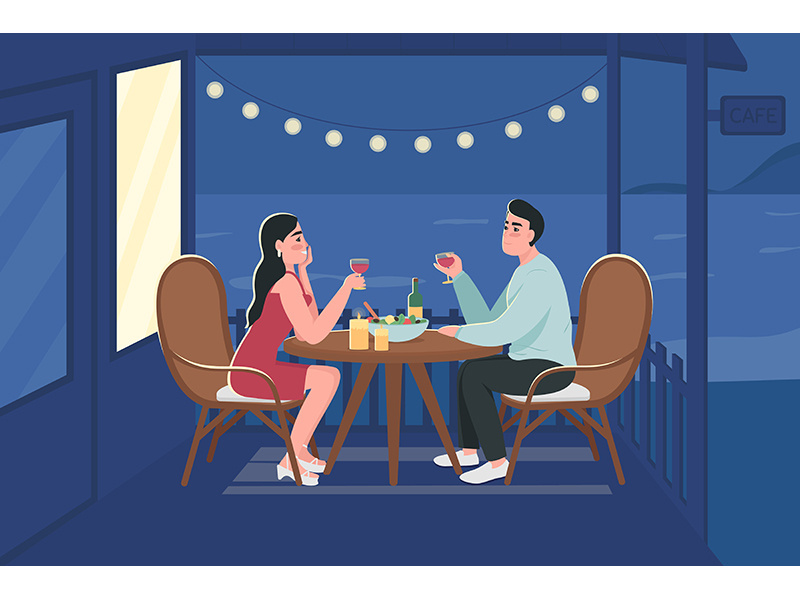 Couple on romantic night date flat color vector illustration
