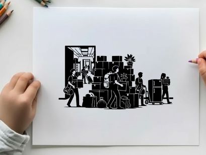 Silhouette of people moving boxes and furniture into a new home