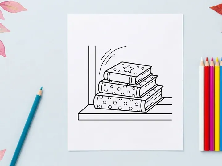Pila de libros navideños con patrones de estrellas y lunares para página de colorear de vacaciones.