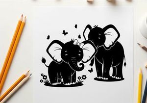 Silhouette of two cute elephants with butterflies and flowers