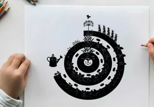Silhouette of a spiral garden with a watering can and flower