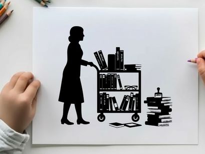 Silhouette of woman pushing book cart with many books