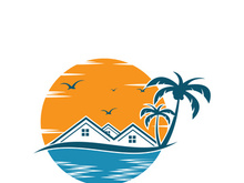 Minimalist icon sunset beach house logo design template
