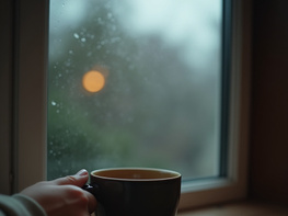 A person holds a dark mug near a window with raindrops. preview picture