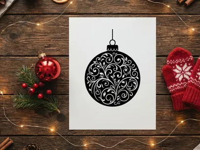 Adorno navideño de color negro y blanco con diseño elegante de motivos florales entrelazados