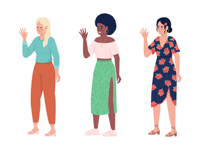 Smiling women waving hands semi flat color vector character set