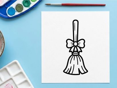 Witch broomstick icon with a bow. Halloween magic broom illustration for holiday design.