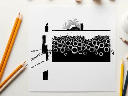 Silhouette of a cityscape with bubbles and a bird