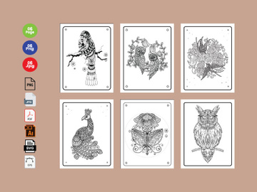 6 Birds  Coloring Book Pages KDP Interior. preview picture