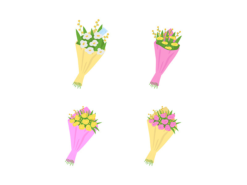 Bouquets, flowers with messages flat color vector object set