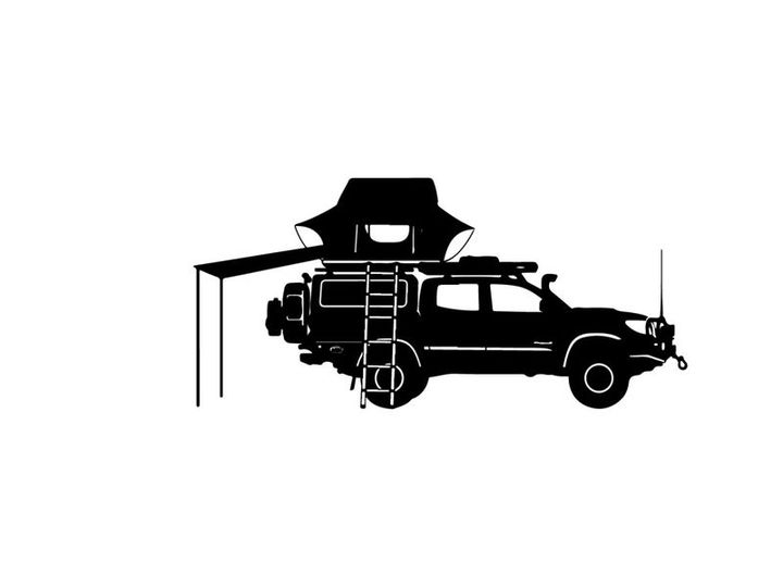 Silhouette of a car with rooftop tent and awning