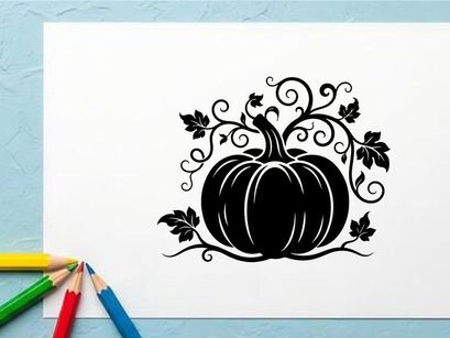 Stylized Halloween Pumpkin with Vines and Leaves Illustration