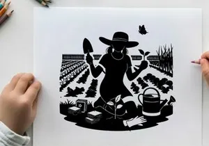 Silhouette of a person gardening in a field at sunset