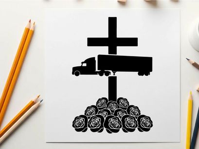 Silhouette of a truck and cross with skulls