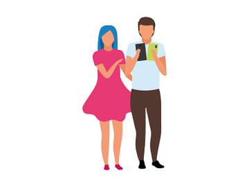 Young couple choosing phone model semi flat color vector characters preview picture