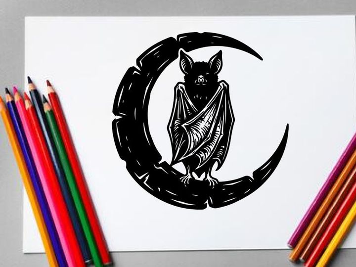 Stylized owl with bat wings perched on crescent moon illustration