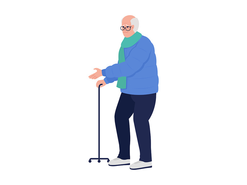 Sad senior man with tripod walking stick flat color vector character
