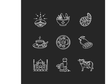Indian traditions chalk white icons set on black background preview picture