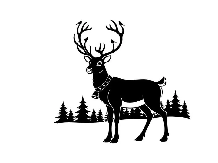 Reindeer silhouette with antlers and christmas bell collar outdoors