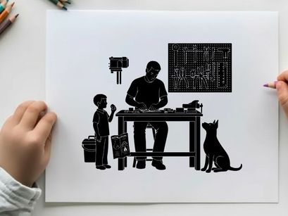 Silhouette of a man and child in a workshop with a cat silhouette