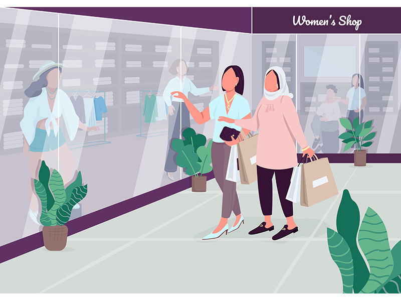 Shopping with girlfriends flat color vector illustration