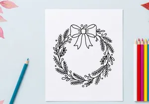 Hand drawn Christmas wreath with bow, festive holiday line art illustration on white