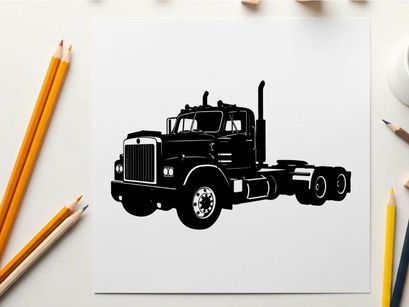 Silhouette of a large black semi truck on a white background