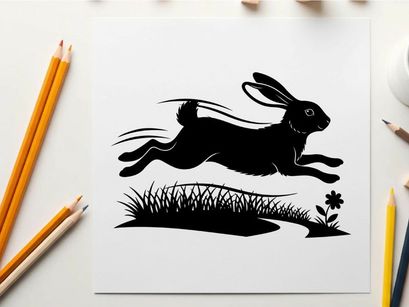 Silhouette of a rabbit running through grassy field silhouette