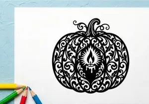 Decorative Halloween Pumpkin with Intricate Black Filigree Design