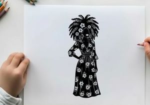 Silhouette of a woman in a floral dress and headdress