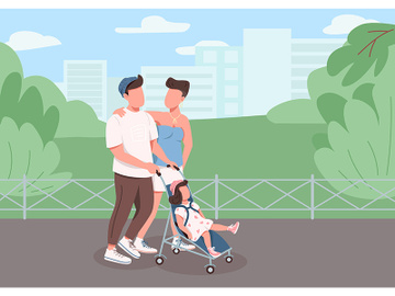 Young family walking flat color vector illustration preview picture
