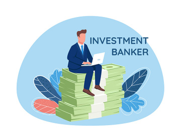 Investor sitting on pile of money 2D vector web banner, poster preview picture
