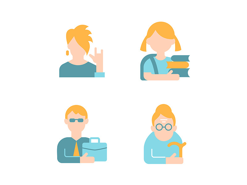 Different age and gender vector flat color icon set