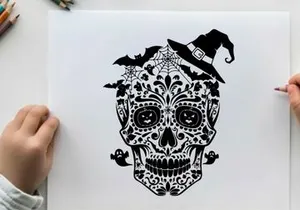 Tag-des-Toten-Schädel mit Hexenhut Vektorgrafik