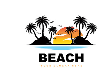 Coconut Tree Logo With Beach Atmosphere, Beach Plant Vector, Sunset View Design preview picture