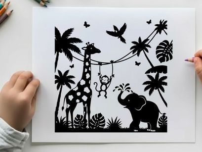 Silhouette of giraffe monkey elephant in tropical jungle scene