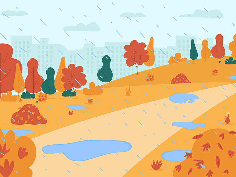 Autumn rain in park semi flat vector illustration