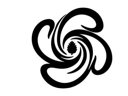 Black and white abstract floral swirl icon with a central pine cone silhouette design.