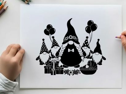Black silhouette of gnomes celebrating a special occasion with silhouette
