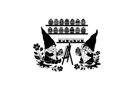 Gnomes in a workshop with silhouette of various objects and plants