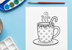Ilustración de taza de café navideña dibujada a mano con vapor y espiral de bastón de caramelo para diseños festivos