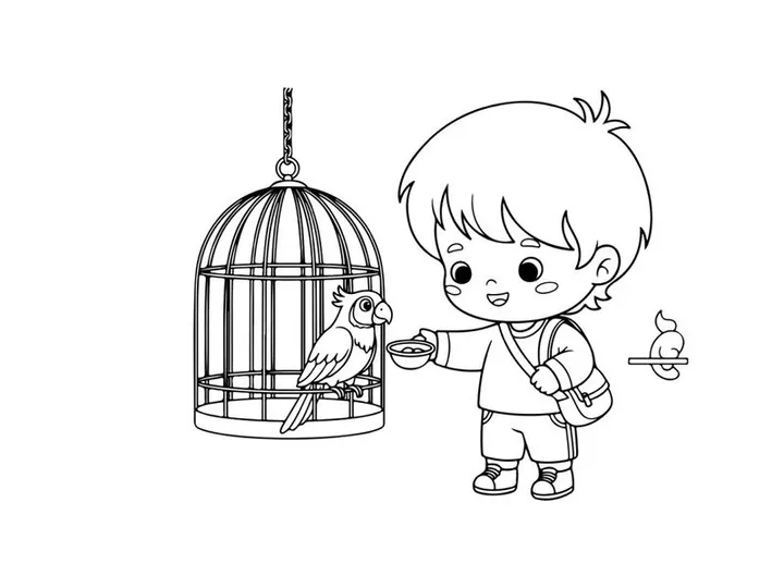 Boy feeding bird in cage flat design vector illustration