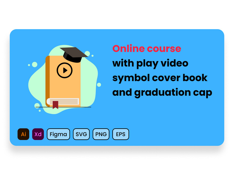 Online course with play video sign on blue cover book and graduation cap.