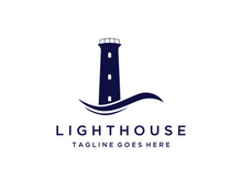 Sea lighthouse tower building creative logo with spotlights vintage vector template.