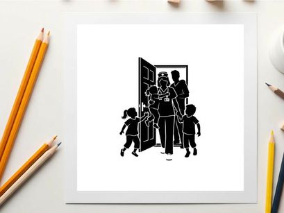 Family entering home with silhouette of parents and children