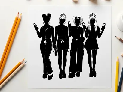 Four women in silhouette checking their phones together