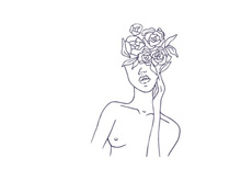 Line art portrait woman, Flower face one line vector illustration