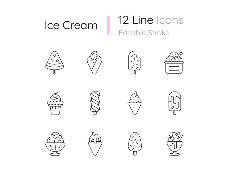 Ice cream varieties linear icons set
